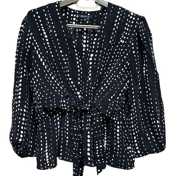Anne Klein Top Women Size 4 Black White Polka Dots Tie Front Long Sleeves - Picture 1 of 6